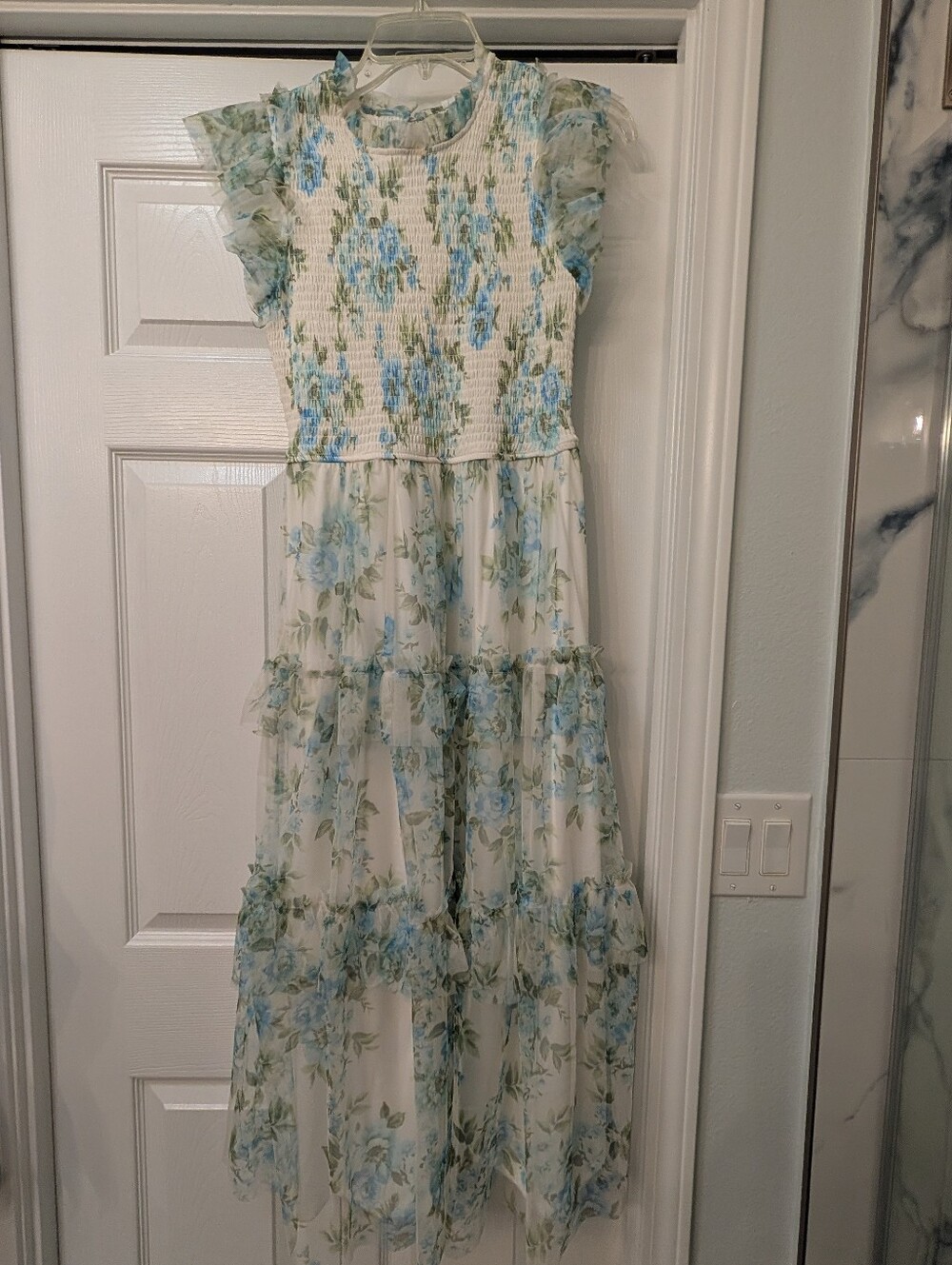 Blu Pepper White Dress with Blue Floral Ruffles